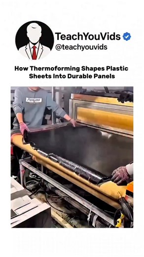Teach You Vids on Instagram: "Plastic sheets don’t just become strong panels by chance — they’re shaped through thermoforming. The sheet is heated until flexible, then pressed or vacuum-formed over a mold, hardening into tough, durable shapes used everywhere from cars to packaging. Engineering turning heat into strength. This video is for educational purposes only. DM for credit/ removal. #Thermoforming #EngineeringExplained #ManufacturingProcess #Plastics #Innovation #fyp"