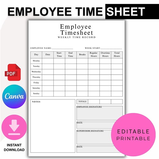 Employee Timesheet Template Printable | Weekly Time Sheet | Staff Management | Work Hours Tracker | Fillable PDF | Editable Canva Template - Etsy