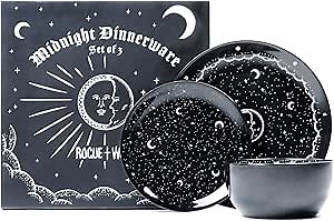 Midnight Dinnerware Set of 3 by Rogue + Wolf Black Plates & Bowl Sets, Contemporary Kitchen Table Gothic Decor, New Apartment essentials for First Home, Aesthetic Accessories - Luxurious Porcelain