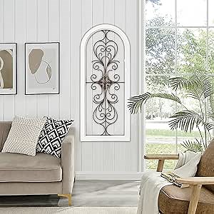 Sintosin Farmhouse White Wood and Metal Wall Decor 32 X 13 Inches, Handmade Distressed Gold and Black Wrought Iron Wall Decor Living Room Entryway, Hanging Metal Wall Art above Couch
