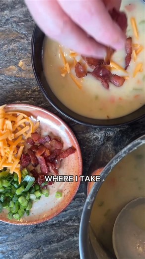 The perfect way to use leftover mashed potatoes. Loaded potato soup! 1 tablespoon neutral oil 1 Stalk celery, finely chopped 1 small carrot, finely chopped 1/2 cooking onion, finely chopped 2 cups (approximately) leftover mashed potatoes 3-3cups (approximately) chicken or vegetable stock/broth Salt and Pepper Optional garnishes: sliced green onions, shredded cheese, bacon bits. Add the oil to a small pot set over medium heat. Add the celery, carrots and onion and sweat for 5-6 minutes, until the