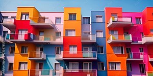 Colorful housing. A housing complex, apartment or multi-floor residential building with each unit in different colors. 4K Video