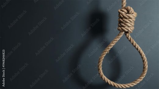 Rope with a hangman's knot swinging slowly, casting a shadow on a dark, dramatic background