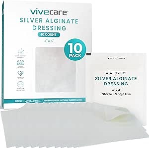 ViveCare Silver Calcium Alginate Wound Dressing (10 Pack)- Sterile 4x4 Medical Gauze Pad - Wound Care for Burns, Cysts and Ulcer Treatment - Highly Absorbent Individual Patch - Non-Stick Padding