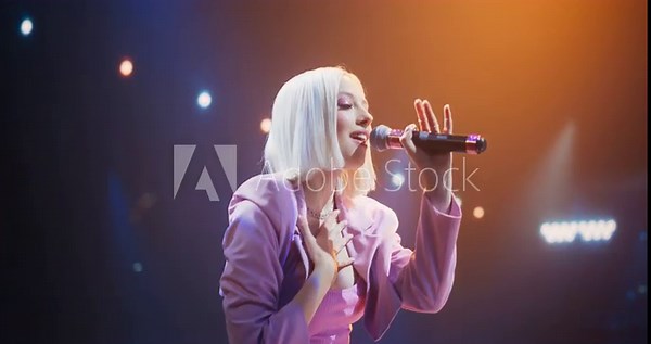 Blonde Female Pop Star Singing at a Concert with a Lively Atmosphere: Young Talented Musician Performing a Show on Stage in Front of an Excited Music Lovers. Slow Motion Footage with Falling Confetti