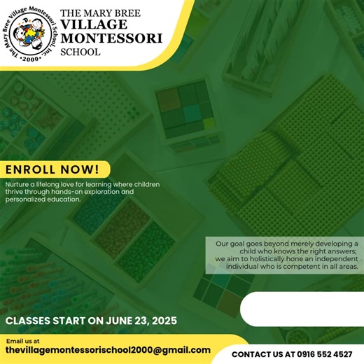 EXPERIENCE REAL MONTESSORI IN VILLAGE MONTESSORI SCHOOL! 𝗘𝗡𝗥𝗢𝗟𝗟𝗠𝗘𝗡𝗧 𝗜𝗦 𝗡𝗢𝗪 𝗢𝗙𝗙𝗜𝗖𝗜𝗔𝗟𝗟𝗬 𝗢𝗣𝗘𝗡! 𝘌𝘯𝘳𝘰𝘭𝘭𝘮𝘦𝘯𝘵 𝘚𝘵𝘢𝘳𝘵𝘴: 𝐀𝐏𝐑𝐈𝐋 𝟐𝟏, 𝟐𝟎𝟐𝟓 𝘊𝘭𝘢𝘴𝘴𝘦𝘴 𝘉𝘦𝘨𝘪𝘯: 𝐉𝐔𝐍𝐄 23, 𝟐𝟎𝟐𝟓 WHY CHOOSE VILLAGE MONTESSORI? ✅️ 25 years of commitment to the REAL Montessori method of education ✅️ the philosophy and method based on deep understanding and respect for children ✅️ your child's home away from home ✅️ multi-age grouping ✅️ hands-on approach ✅️ use o