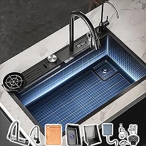 Stainless Steel New 31.4" Large Kitchen Single Bowl Sink,Nano Digital Display Waterfall Sink,W/Knife Holder Box,flying Rain Pull-Out Faucet, Pressurized Cup Washer,