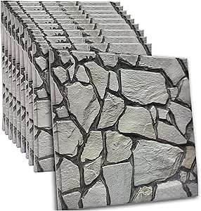 3D Faux Stone Wall Panels Peel and Stick, 10PCS Self Adhesive Waterproof 3D Wallpaper, 11.8"x11.8" Textured Decorative Wall Panels for Living Room Bedroom Game Room Office Home Wall Decor (Grey)