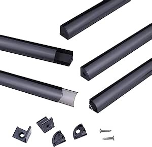 Muzata 5Pack 3.3FT/1M Black LED Channel System with Transparent Smoky Anti-UV Sun Protection Clear Cover Lens Aluminum V Shape LED Strip Diffuser Channel V1SW BB 1M