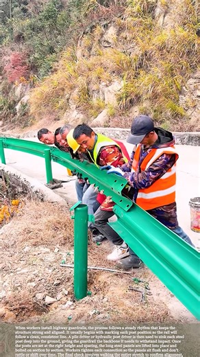 Installing highway guardrails for safer roads and stronger protection #hardwork #farming #farmer