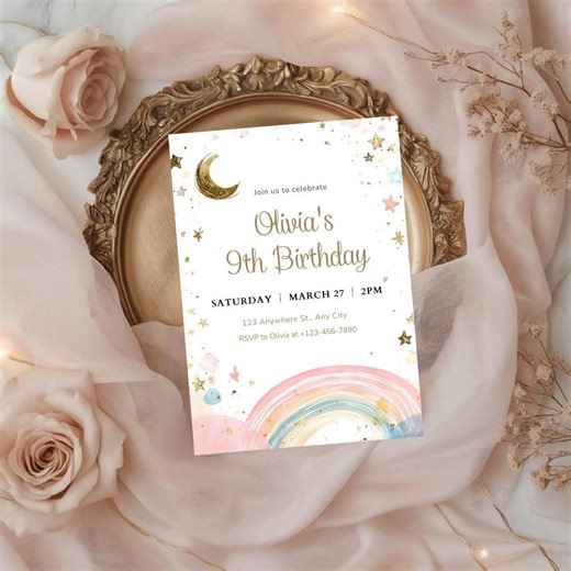 Editable Birthday Invitation Template, Kids Party Invite, Rainbow Moon Stars (digital Download) - Etsy