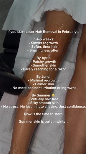 This is why we always say winter is the secret season for laser hair removal ✨ When you start laser hair removal in February, you are not rushing or trying to squeeze results in at the last minute. You are letting the process do exactly what it is meant to do 🪄 In the first 4 to 6 weeks, most people feel the relief straight away. Regrowth slows, hair feels softer, irritation reduces, and you are shaving far less 👀 By April, things really start to change. Growth becomes patchy, some areas barel