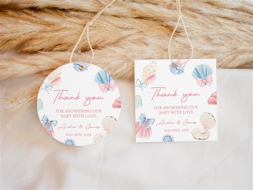 Seasheel Baby Shower Favor Tag Editable, Beach Baby Shower Thank You, Pastel Bow Ribbon, Round Gift Tag, Instant Download, Printable - Etsy