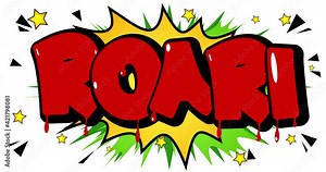 4k animated Roar! comic book word footage with colorful background. Icon for web site, greeting cards, social media posts, apps and motion posters. Comics style cartoon.