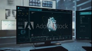 Futuristic Hospital Scan Examination Detects Dangerous Illness In Patient Heart. X-ray Examination Scan. Future Healthcare Hospital Equipment. Organ Scan. Medical Examination For Diagnosis At Hospital