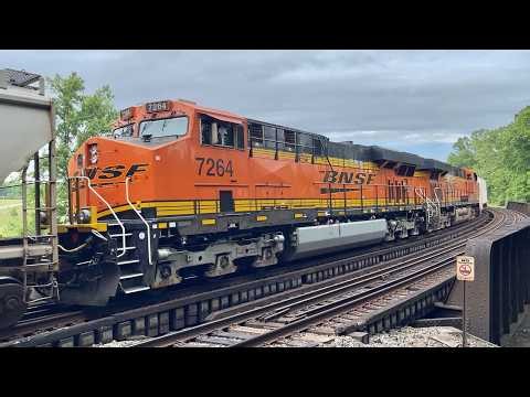 Aband RR Yard, 2 Track Curved Bridge Fast Train With 2 Mid Train DPUs & Radar Speed Check! BNSF DPU