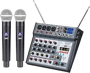 BOMGE 6 channel Audio DJ Console Mixer with Dua UHF Wireless Microphone,USB, Bluetooth, 48V phantom,16 Echo/Delay for Home Studio Recording DJ Network Live Karaoke PC Guitar