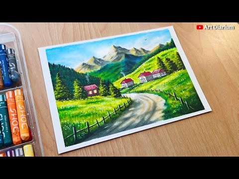 ✨Peaceful Mountain Village Landscape with Oil Pastel - Drawing Tutorial🌼🌈