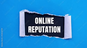 Online reputation message writing on ripped torn blue paper on black background. Conceptual online reputation symbol.