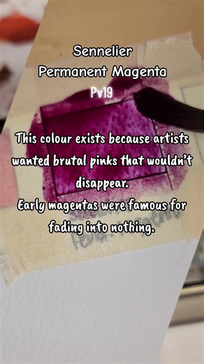 Permanent Magenta didn’t arrive because artists wanted something pretty. It arrived because 19th-century magentas were liars. Early aniline and coal-tar magentas were violently bright, and catastrophically unstable. Paintings, prints, and textiles lost their colour within decades, sometimes years. The colour that screamed rebellion literally couldn’t survive time. PV19 changed that. Developed in the 20th century, quinacridone pigments like PV19 offered what earlier magentas never could: saturati