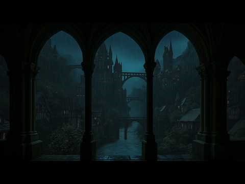 Window View with Rain in Medieval Castle - Heavy Rain and Thunderstorm for Study, Reading and Sleep