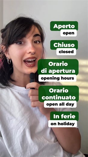 Ciao amici! 🇮🇹 Let’s learn 5 useful Italian words you’ll often see on shop and restaurant doors: • Aperto – open • Chiuso – closed • Orario di apertura – opening hours • Orario continuato – open all day • In ferie – on holiday How do you say “discount” in Italian? Write your guess in the comments! 💬 📚 Use the link in our bio to request a free trial lesson with us! #learnitalian #italianlesson #italianforbeginners #italiangrammar #italiancourse #italianwords | Italmente - Online Italian Schoo
