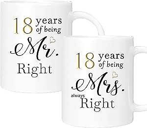 18th Anniversary Coffee Mugs Set of 2, 18 Year Anniversary Wedding Gifts Decorations for Couple Parents Men Women Husband Wife Him Her, Gift Box Packaging, 11oz