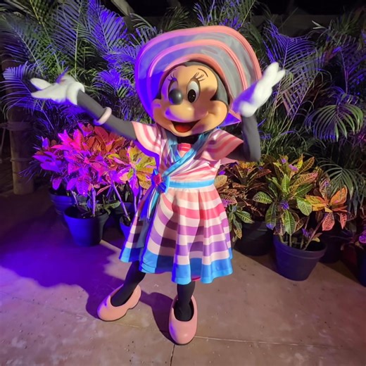Minnie Mouse wore a lovely summer outfit last night during D23 Kuzcotopia at Typhoon Lagoon. I believe this costume - and others worn by Mickey and friends last night - are from the H20 Glow Nights and other special events. #hosted #minniemouse #typhoonlagoon #destinationd23 #Minnie #kuzcotopia #d23 #disneycharacters #wew #waltdisneyworld #disneyworld | Mousesteps