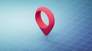 Loop animation of location mark with blue grid background, 3d rendering.