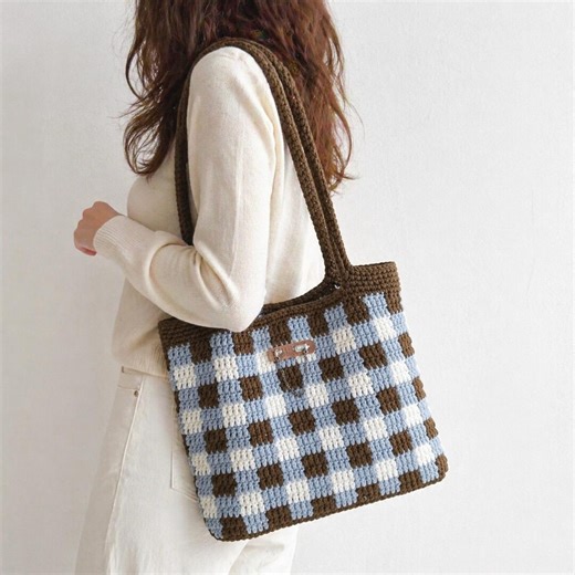 Crochet Checkered Tote Bag Pattern PDF, Gingham Crochet Tote Bag, Modern Grid Shoulder Bag Tutorial, Digital Download - Etsy