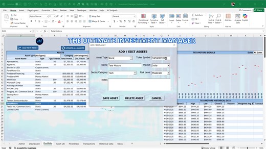 💰 I Replaced My $200/Year Investment & Stock App With Excel — Here’s What Happened Managing your investments in Excel has never been easier—or more powerful. The Investment Manager auto-updates stock prices, tracks unlimited assets, and gives you a full dashboard at your fingertips. 🔥 What’s new in this updated version: ⭐ Delete Asset feature updated ⭐ Added Options & Indices tracking ⭐ Added Forex & Cryptocurrency support ⭐ Multi-Market option India Stock Market ⭐ Clearer date formats explain