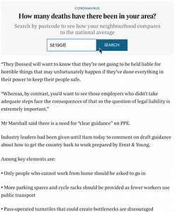 2K views | Search by postcode to see how your neighbourhood compares to the national average for coronavirus deaths https://www.thetimes.co.uk/edition/news/ppe-and-shields-could-be-used-to-make-workplaces-safer-cts9d3czh | The Times and The Sunday Times | Facebook