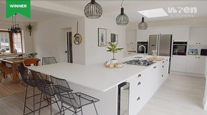 Congratulations to our #Wrenovation Winners, Warren and Katie. ✨ Their 5-piece Shaker kitchen in Light Grey forms a fresh and calm space to spend time together as a family. Completed with smart Neff appliances and singular hanging pendant lighting creates a contemporary feel to this simply stunning kitchen space. #WrenKitchens | Wren Kitchens