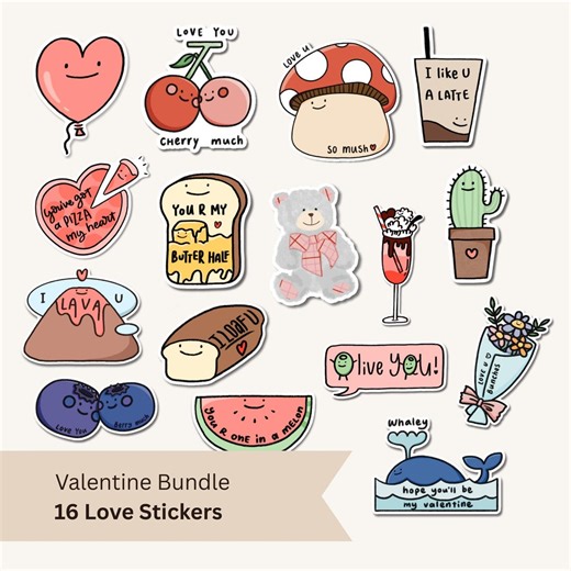 Valentine Sticker Bundle (16 Cute Love Puns) - Romantic & Friendship Vinyl Stickers | Heart Food Pun Kawaii Gift Pack Die-cut Punny Stickers - Etsy