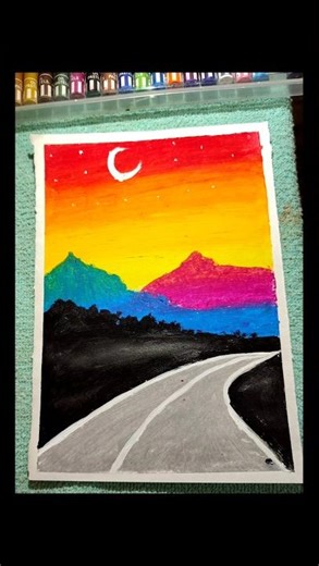 😍✨ Easy Sunset Road Scenery Drawing with Oil Pastal ##art #viral