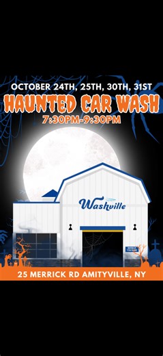 Washville's Haunted Car Wash is back in Amityville! Get ready for a screaming clean ride! 👻🚙 Grab your discounted presale ticket now for our scary clean car wash experience: https://washvillecarwash.com/haunted-tunnel-checkout/ It's going to be a blast... if you dare! #HauntedCarWash | Washville Car Wash
