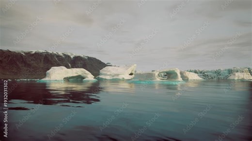 Dramatic Greenland ice edge showing melting patterns, fractured surfaces and thinning blue ice, placid sea with reflective pools, urgent climate narrative