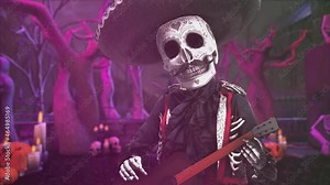 Seamless animation mariachi skeleton playing latin guitar in a mexican village with skeletons. Funny character dressed up for The Day of Dead holiday with hat, makeup and costume.