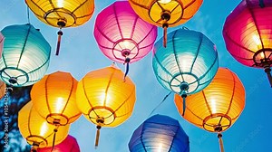 Brightly colored paper lanterns sway gently in the breeze under a clear blue sky, creating a vibrant and festive atmosphere outdoors