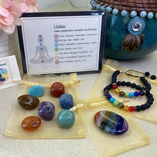 Chakra Balancing Crystal Gift Set: Tumbled Stones, Aromatherapy Bracelets & Thumb Stone - Etsy