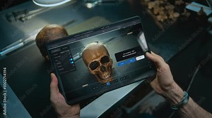 Advanced archaeological lab: Archaeologist scans fossil skull through camera using tablet computer, studies ancient human anatomy. Screen shows user interface of 3D modeling software. AI technology.