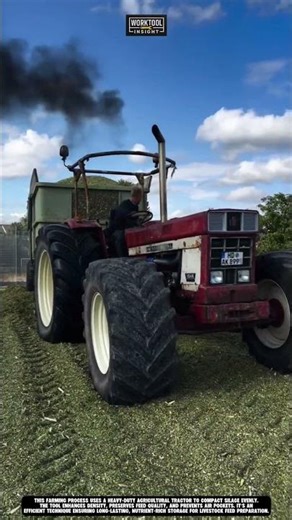Compacting silage on farmland using heavy duty worktool agricultural tractor