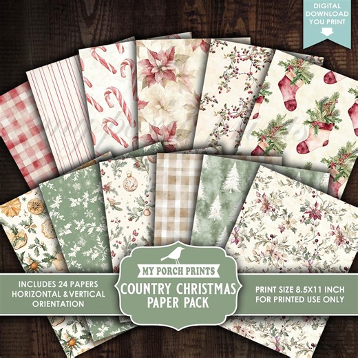 Country Christmas Paper Pack, Junk Journal, Holiday, Merry, Red, Green, Extra Pages, Papers, My Porch Prints, Printable, Digital Download - Etsy España
