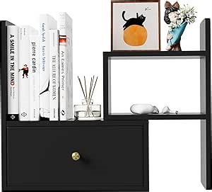Desktop Organizer with Drawers – Adjustable Storage Shelf for Office, Home, and Study – Space-Saving Desk Organizer for Books, Stationery, and Accessories (Black)