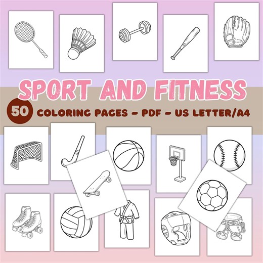 Sport and Fitness Coloring Pages for Kids PDF, Sports Equipment Coloring Book, Printable Activity US Letter A4 - Etsy
