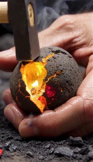 Geode ASMR: Cracking a Volcanic Stone to Reveal Glowing Ruby and Gold Core 🔥
