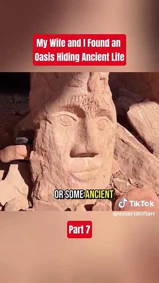 Desert Drifter Andrew Cross and his wife, Evelyn, hiked a desert canyon and found an oasis with running streams, blooming cacti, and signs of ancient people left behind. While exploring a cave, they found a statue carved from the rock that depicted a face with birds and branches. They left everything as they found it, wanting to conserve the natural state of the area. Sadly, Andrew was injured in a car accident in January 2025, and didn’t survive. His YouTube and TikTok channels, Desert Drifter,