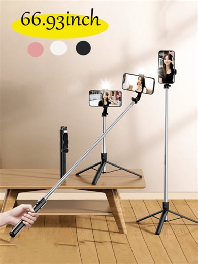 Perche à selfie extensible de 68 pouces avec télécommande sans fil et éclairage de remplissage - Support de téléphone portable, compatible avec les smartphones et les téléphones mobiles, pour la diffusion en direct, la photographie et les voyages, éclairage LED réglable compatible avec et Android pour les vacances d'hiver, les voyages, l'éclairage de remplissage, les activités de plein air, la diffusion en direct, les équipements de voyage et de vlogage en extérieur avec rotation à 360° | SHEIN