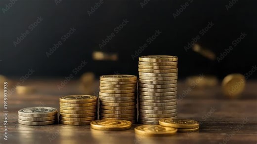 Stacked gold coin pile and silver coin stack wooden table with falling coins evoking prosperity