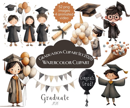 Graduation Clipart Set 2026 | Grad Party Clipart | Class of 2026 | Graduate Kids | School Graduation | Animated Videos | Education Png - Etsy
